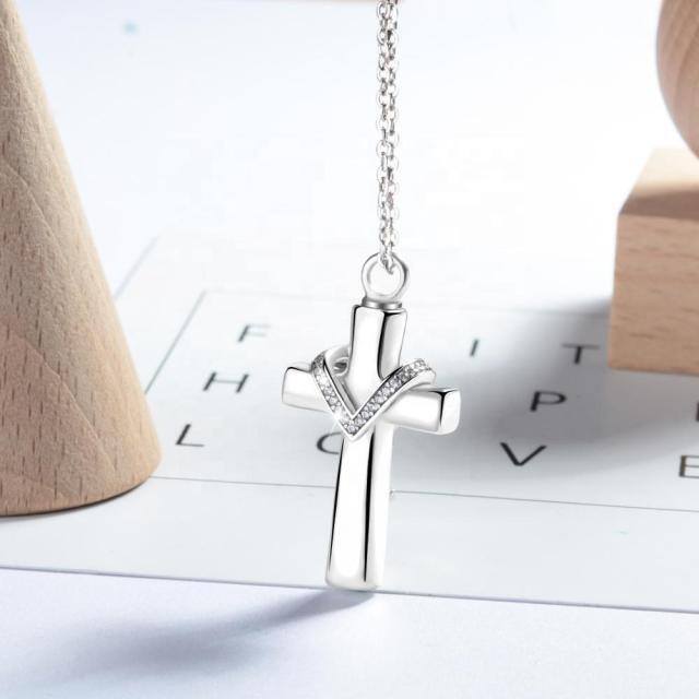 Sterling Silver Cubic Zirconia Cross Urn Necklace for Ashes-2
