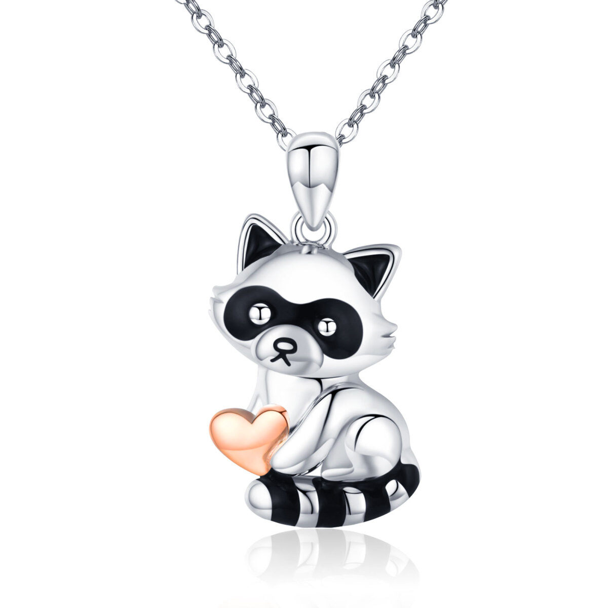 Sterling Silver Raccoon & Heart Pendant Necklace-1