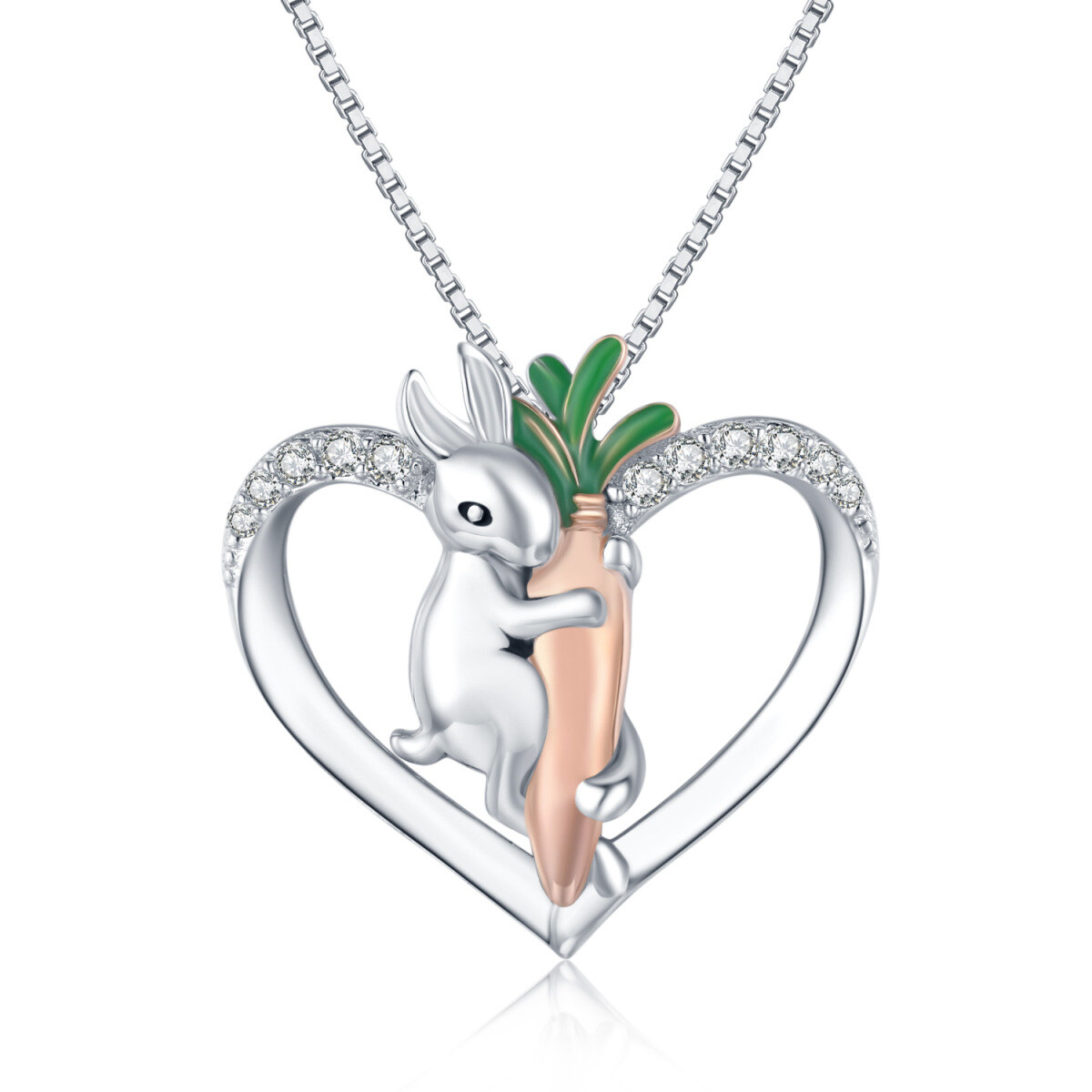 Sterling Silver Cubic Zirconia Rabbit & Heart Pendant Necklace-1