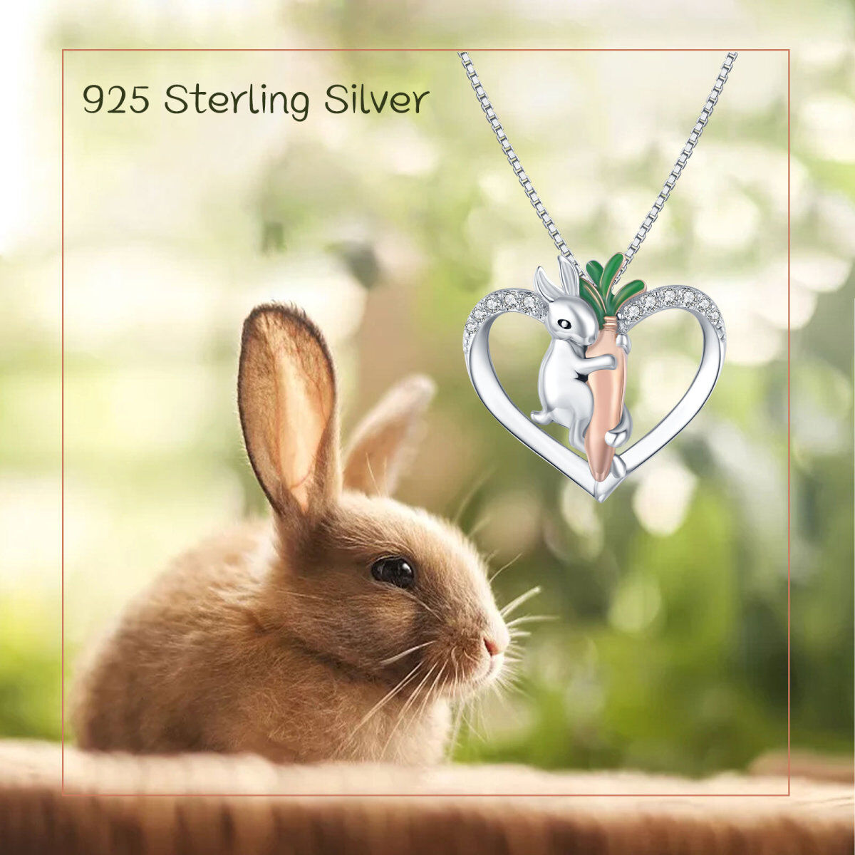 Sterling Silver Cubic Zirconia Rabbit & Heart Pendant Necklace-6