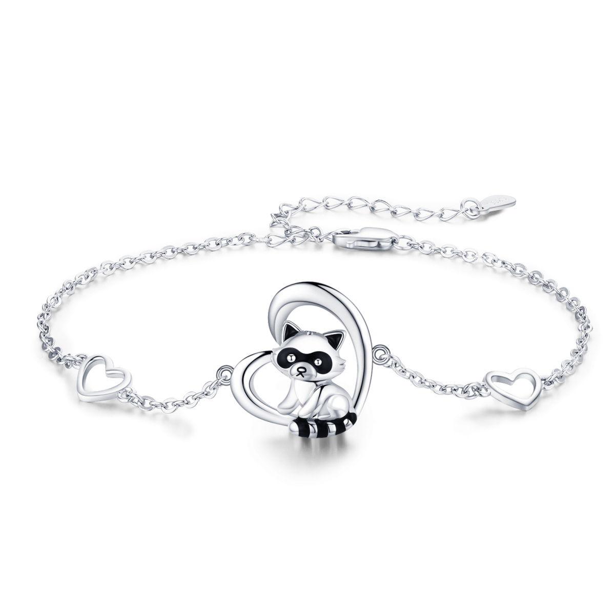 Bracelet en argent sterling avec pendentif raton laveur et coeur-1