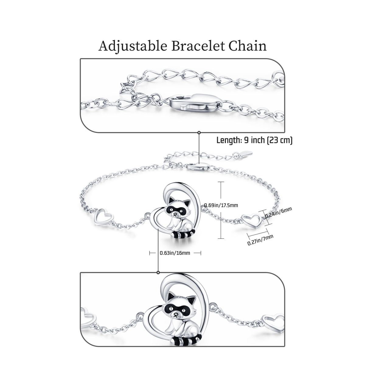 Sterling Silber Waschbär & Herz-Anhänger-Armband-5