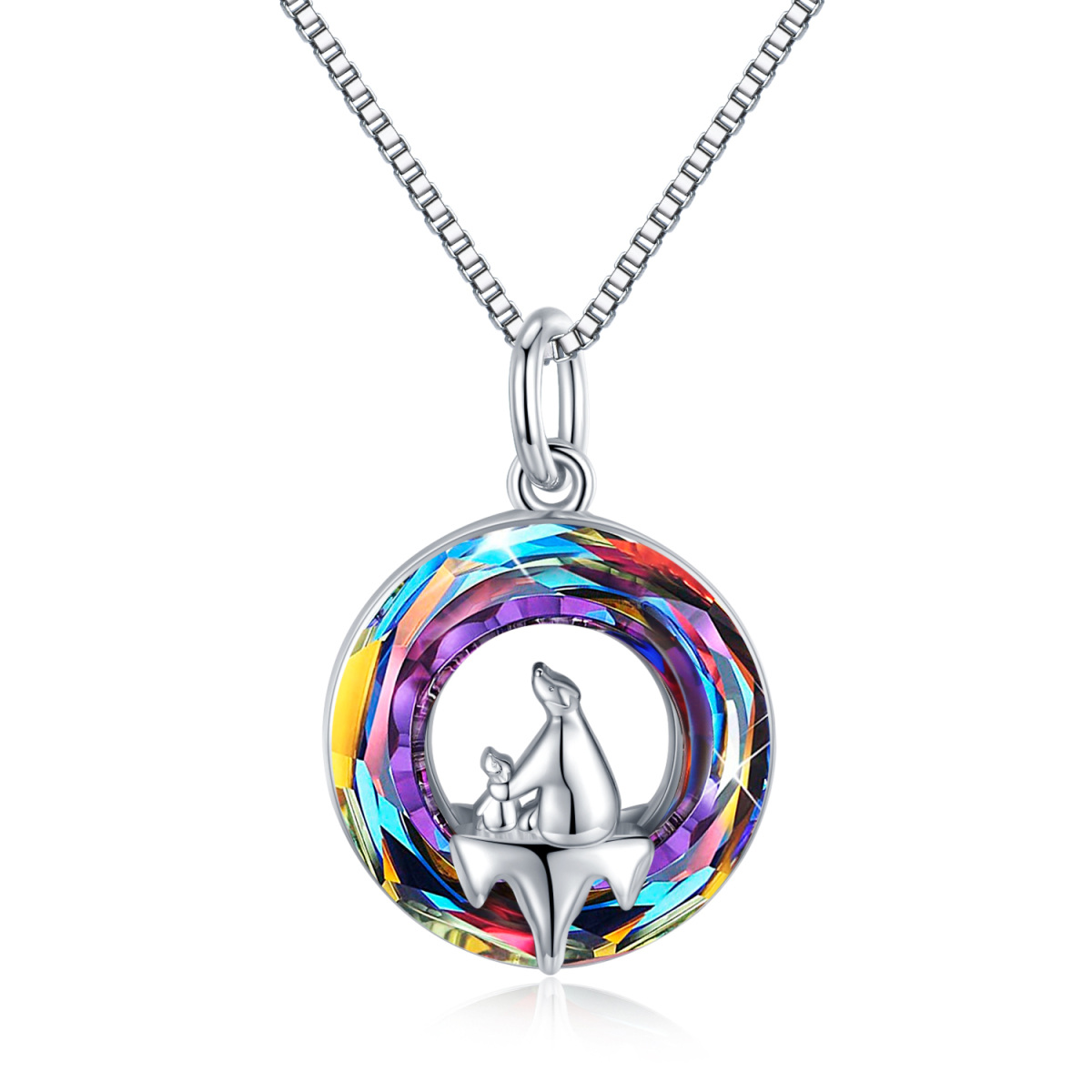 Sterling Silver Crystal Round Bear & Polar Bear Pendant Necklace-1