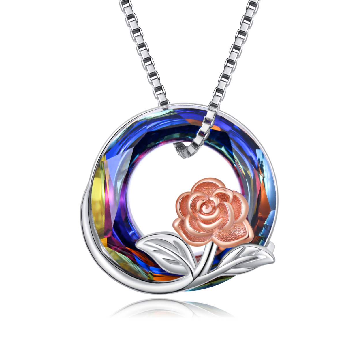 Sterling Silver Two-tone Circular Shaped Rose Crystal Pendant Necklace-1