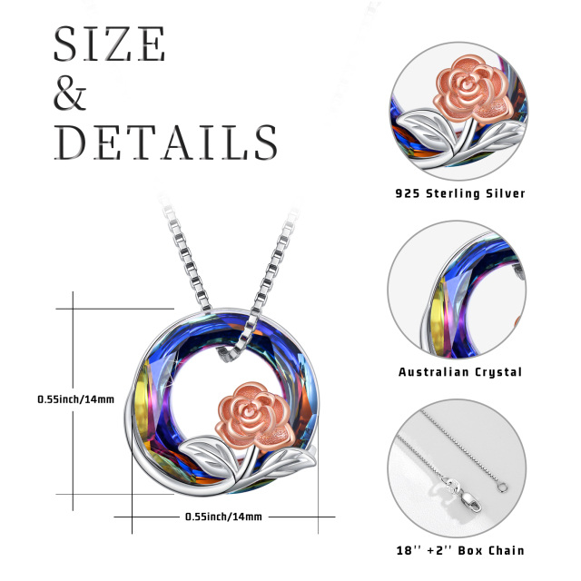 Sterling Silver Two-tone Circular Shaped Rose Crystal Pendant Necklace-5