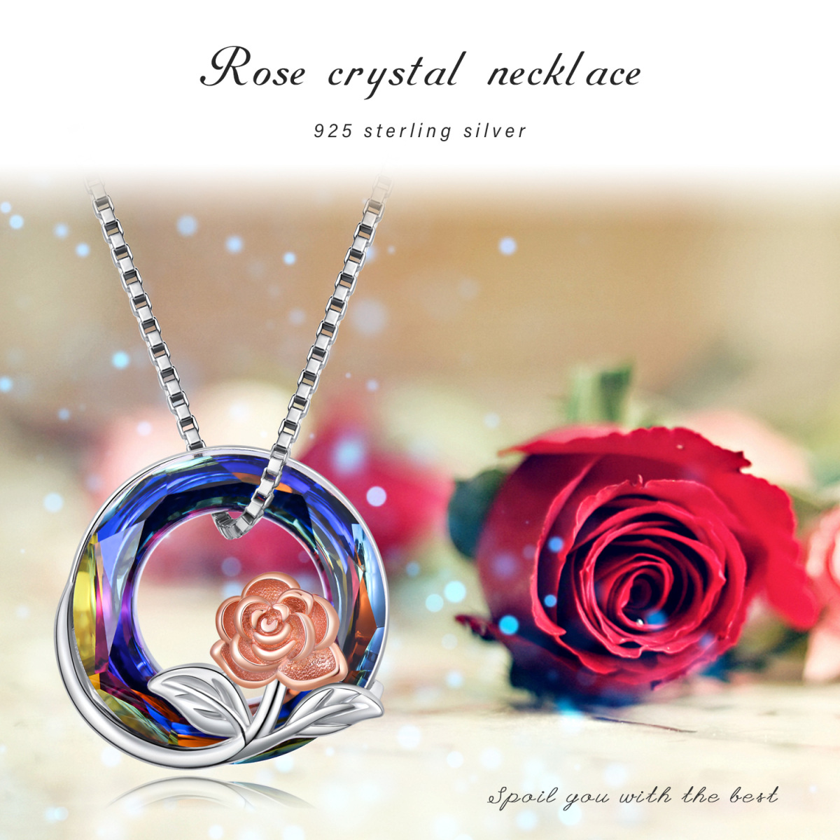 Sterling Silver Two-tone Circular Shaped Rose Crystal Pendant Necklace-7