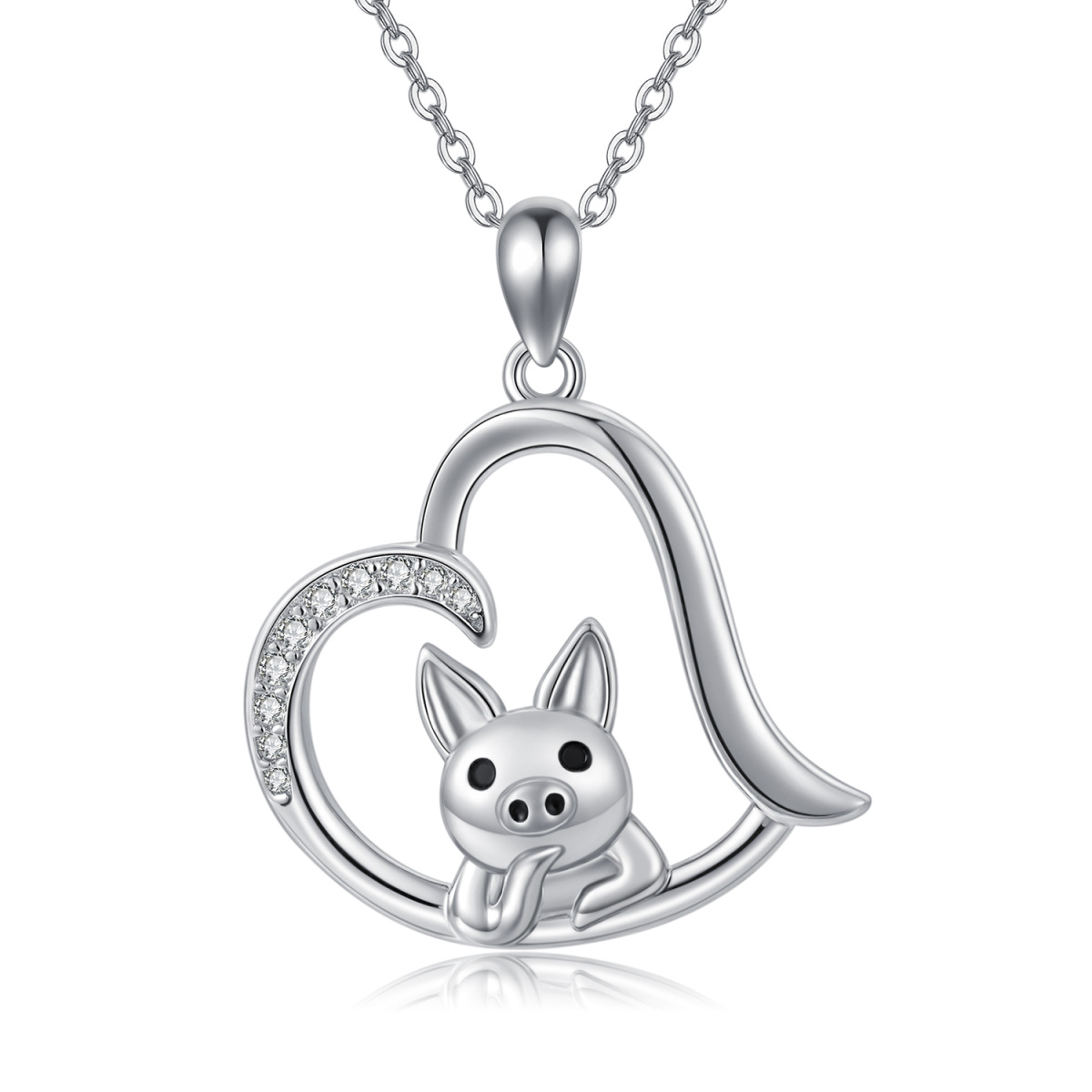 Sterling Silver Circular Shaped Cubic Zirconia Pig & Heart Pendant Necklace-1