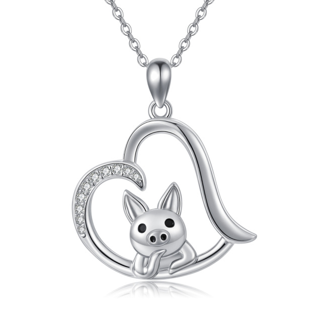 Sterling Silver Circular Shaped Cubic Zirconia Pig & Heart Pendant Necklace-0
