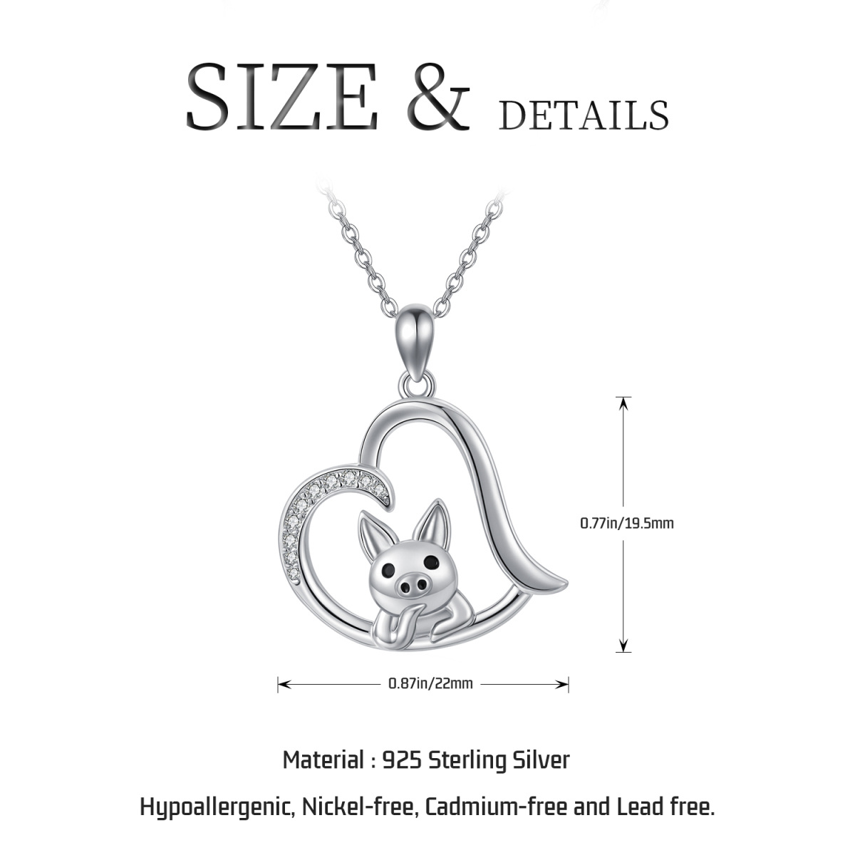 Sterling Silber kreisförmig Cubic Zirkonia Schwein & Herz-Anhänger Halskette-5