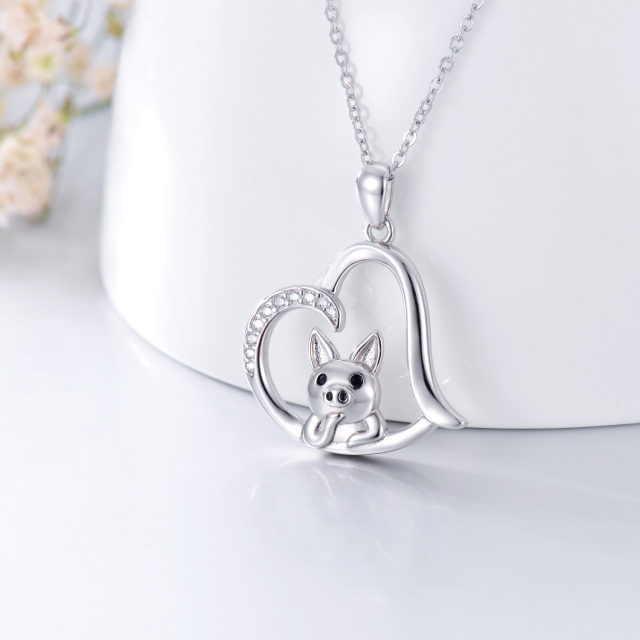 Sterling Silver Circular Shaped Cubic Zirconia Pig & Heart Pendant Necklace-2