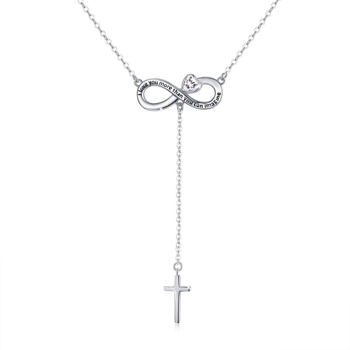 Sterling Silver Heart Shaped Cubic Zirconia Cross & Heart & Infinity Symbol Non-adjustable Y-Necklace with Engraved Word-1