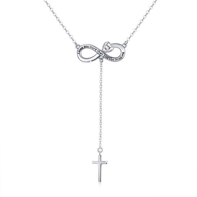 Sterling Silver Heart Shaped Cubic Zirconia Cross & Heart & Infinity Symbol Non-adjustable Y-Necklace with Engraved Word-0