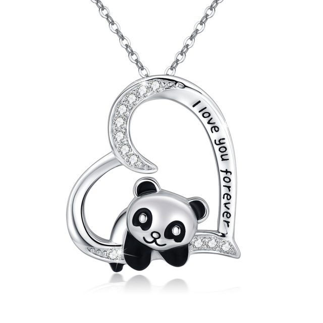 Sterling Silver Cubic Zirconia Panda & Heart Pendant Necklace with Engraved Word-3