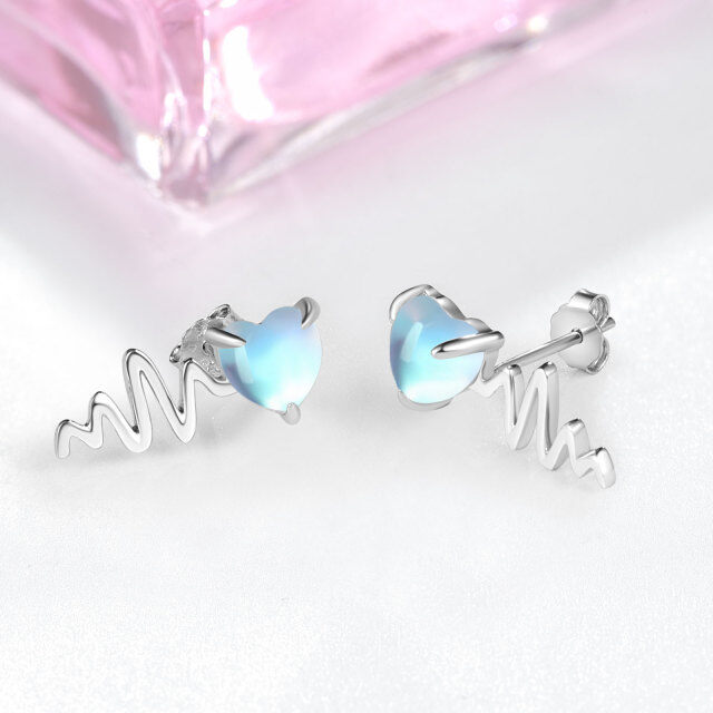 Sterling Silver Heart Shaped Moonstone Electrocardiogram & Heart Stud Earrings-3