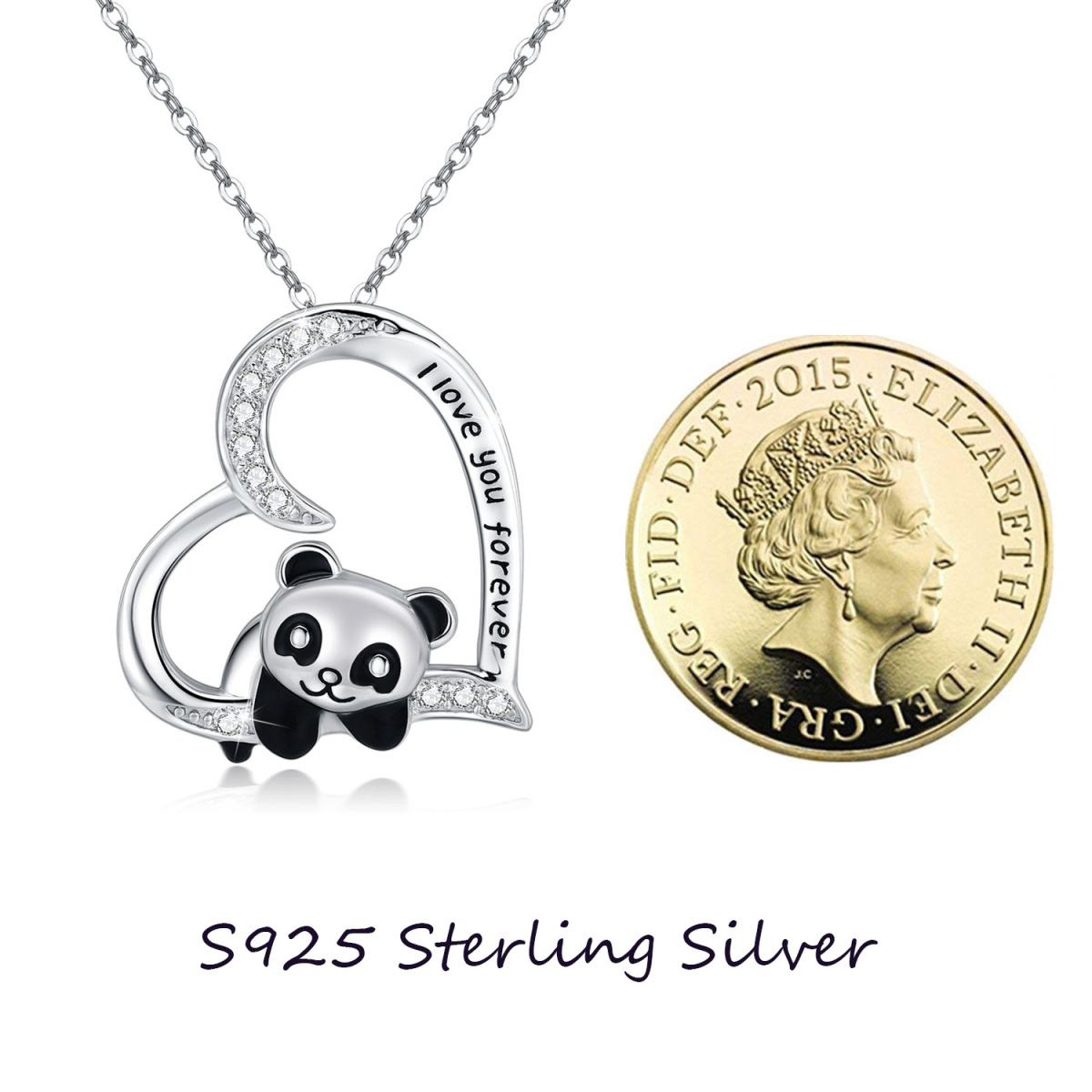 Sterling Silver Cubic Zirconia Panda & Heart Pendant Necklace with Engraved Word-5