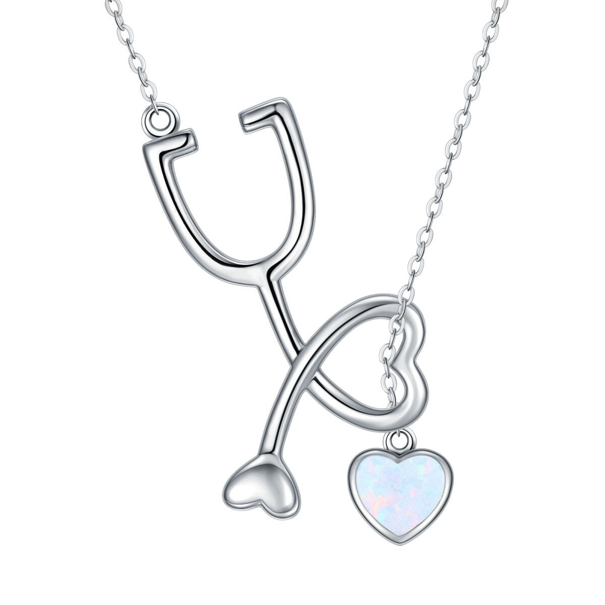 Sterling Silver Heart Opal Heart & Stethoscope Pendant Necklace-1