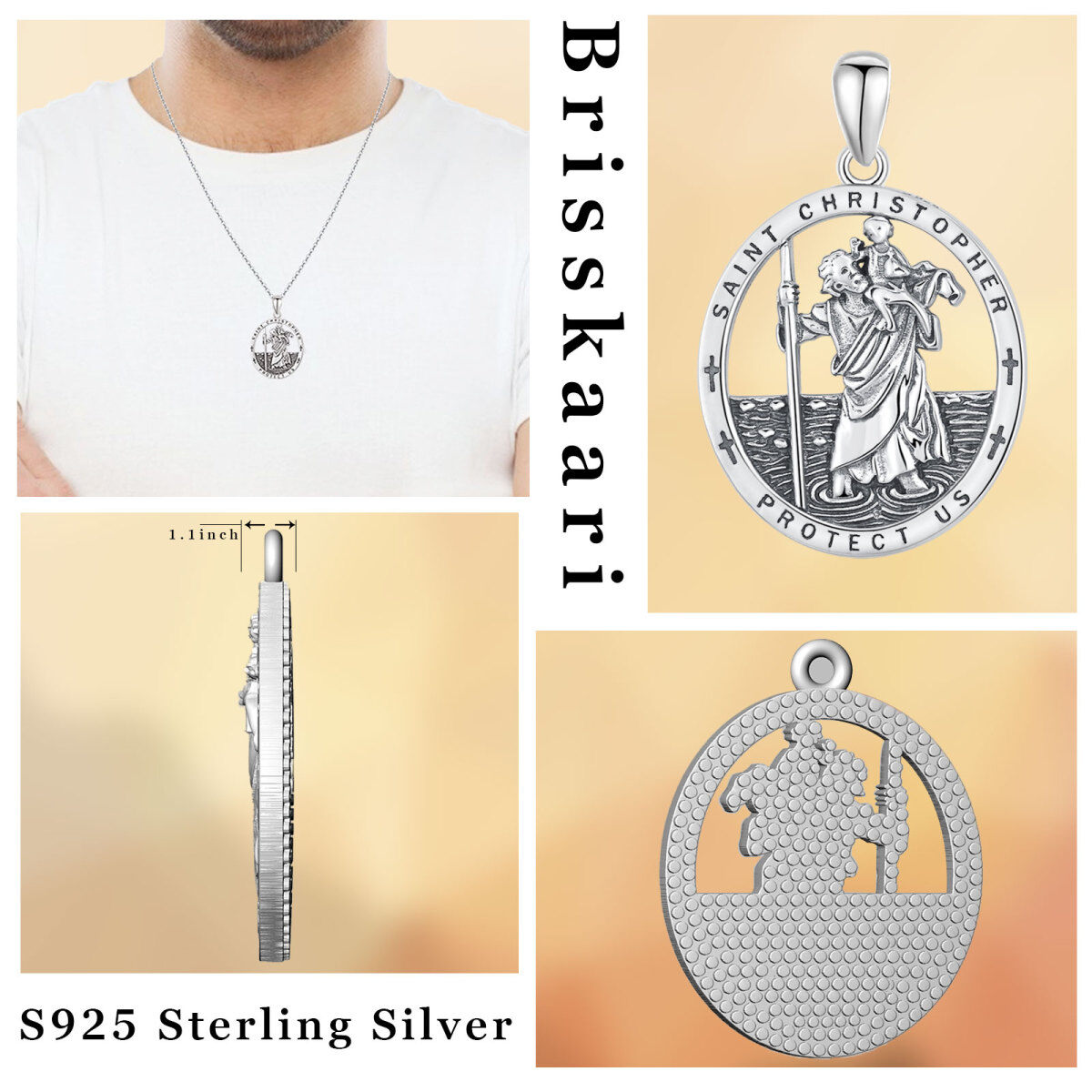 Collier en argent sterling avec pendentif Saint Christopher Protect Us-7