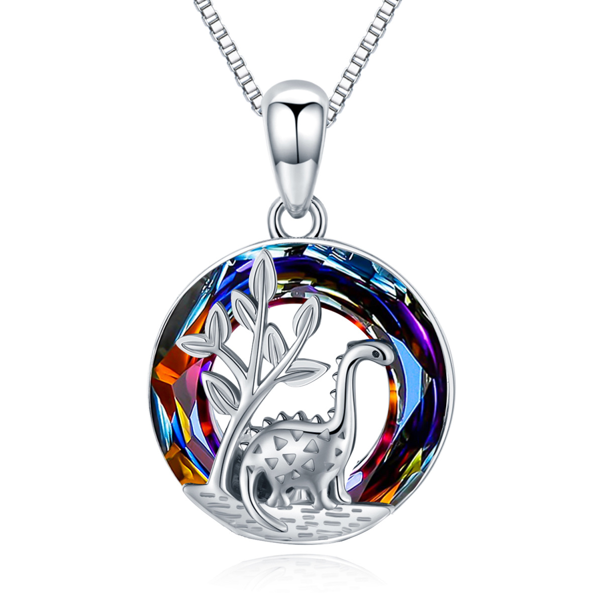 Sterling Silver Round Dinosaurs Crystal Pendant Necklace-1