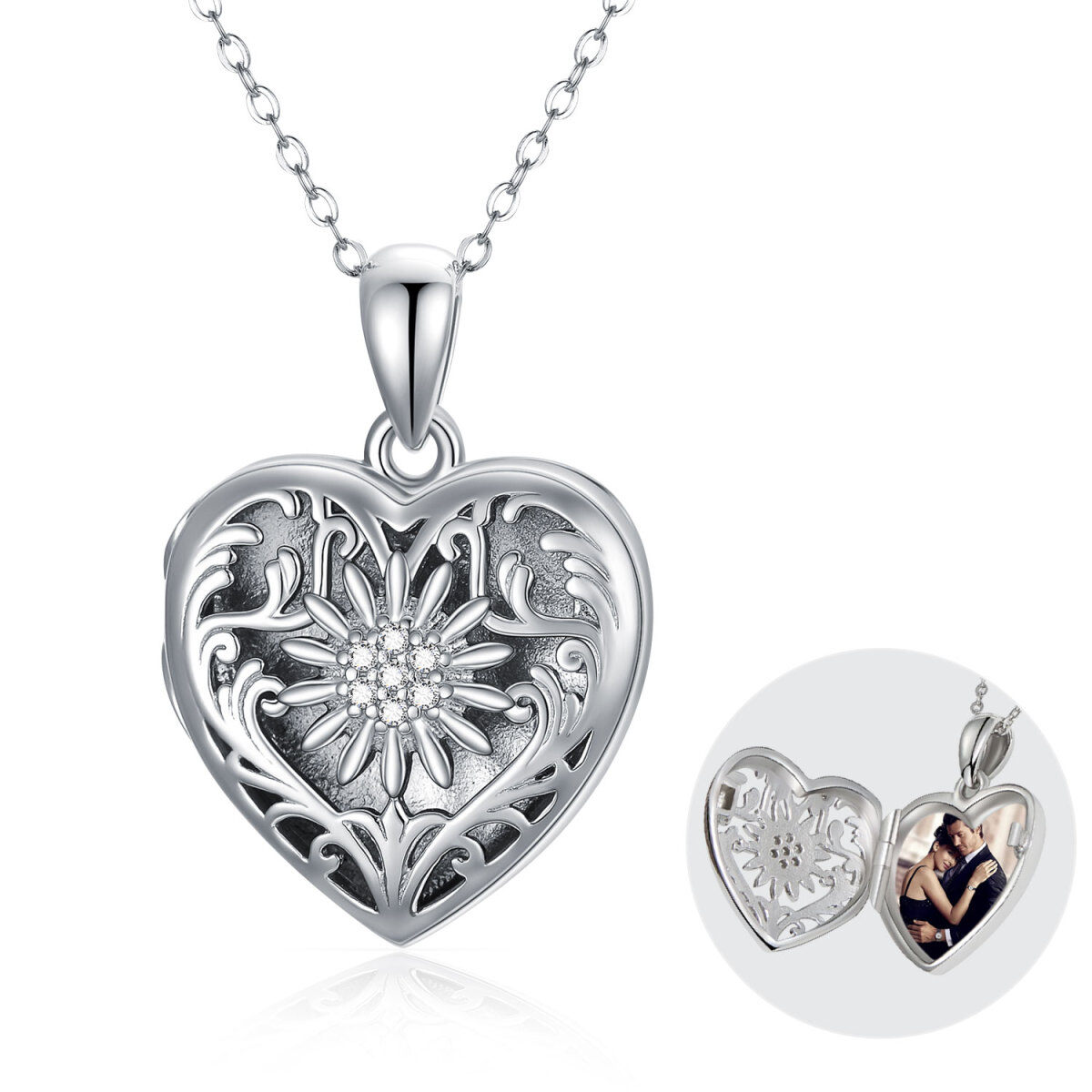 Sterling Silver Cubic Zirconia Sunflower & Personalized Photo & Heart Personalized Photo Locket Necklace with Engraved Word-1