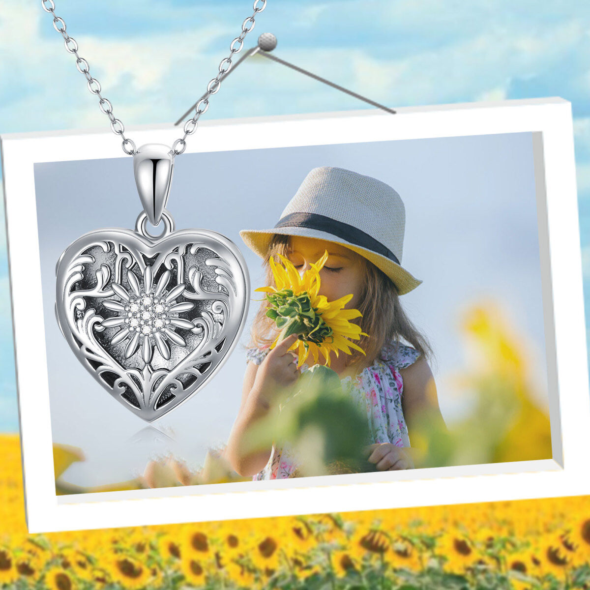 Sterling Silver Cubic Zirconia Sunflower & Personalized Photo & Heart Personalized Photo Locket Necklace with Engraved Word-4