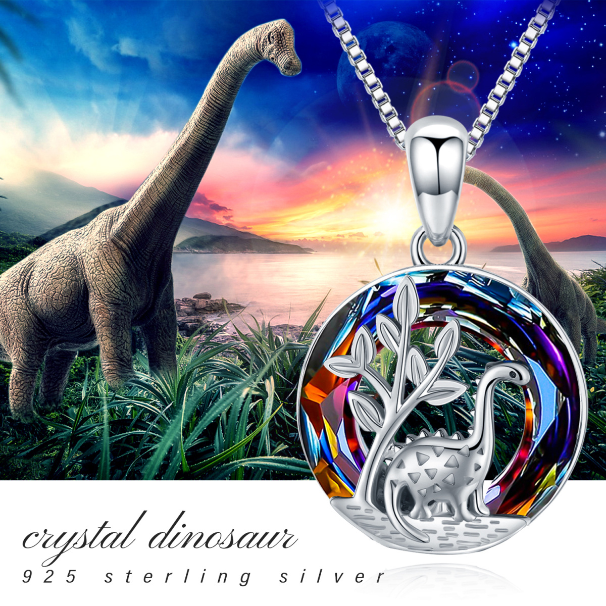Sterling Silver Round Dinosaurs Crystal Pendant Necklace-7