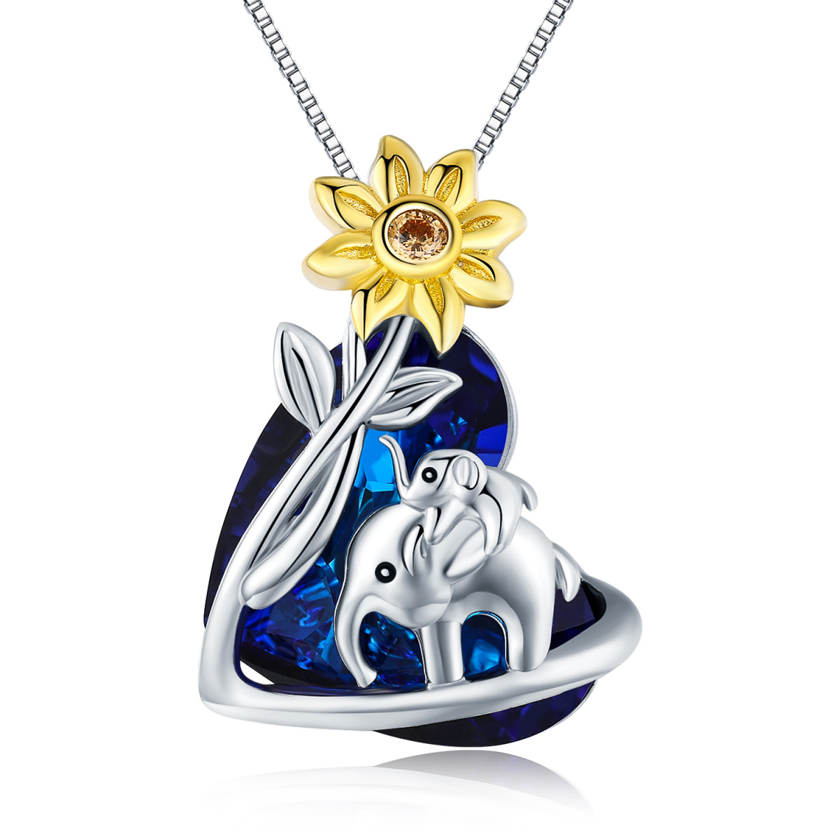 Sterling Silver Two-tone Heart Shaped Elephant & Sunflower Crystal Pendant Necklace-1