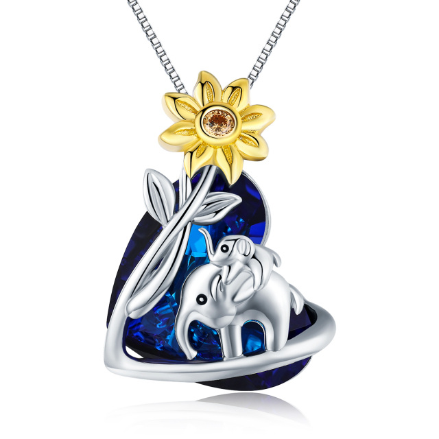 Sterling Silver Two-tone Heart Shaped Elephant & Sunflower Crystal Pendant Necklace-3