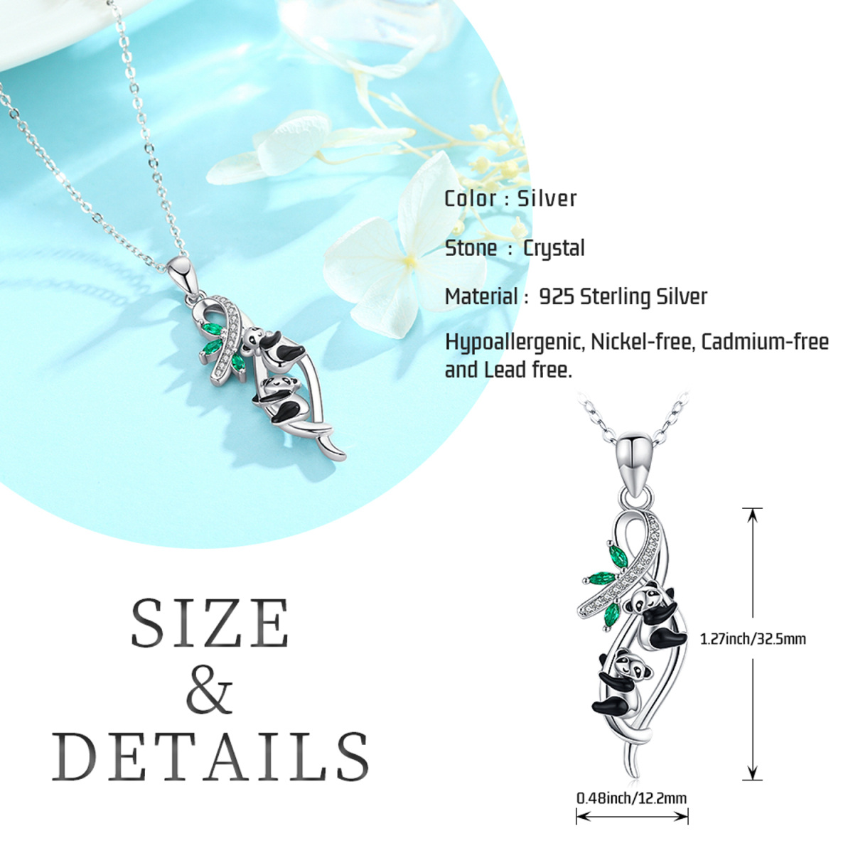 Sterling Silber Cubic Zirkonia Panda & Bambus-Anhänger Halskette-6