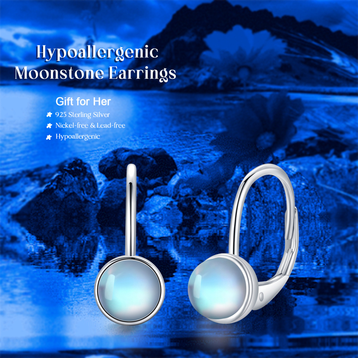 Sterling Silver Moonstone Round Lever-back Earrings-7
