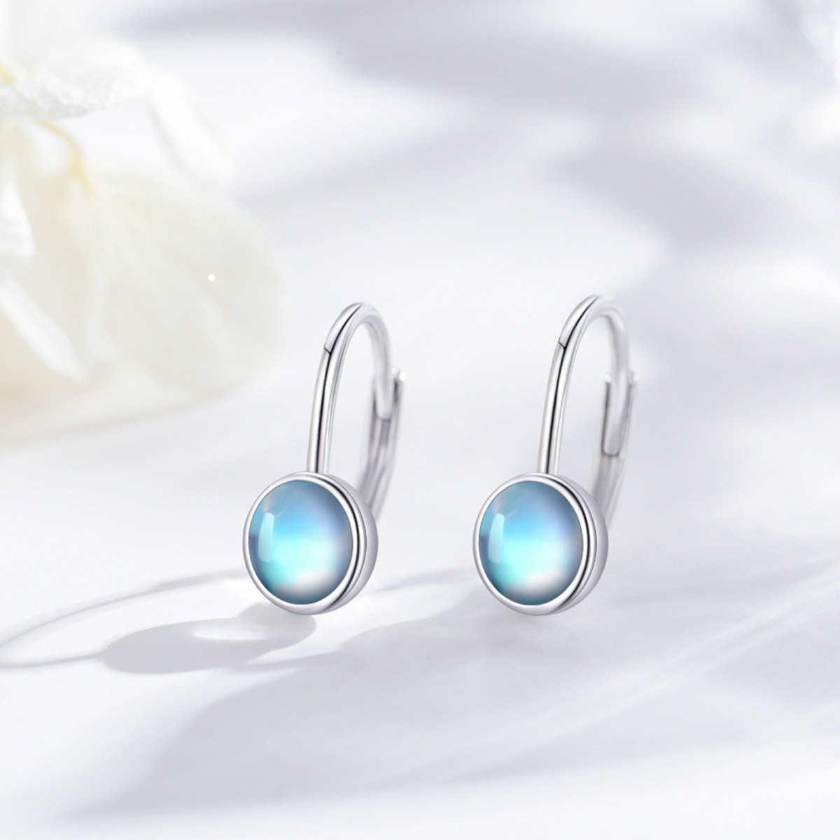 Sterling Silver Moonstone Round Lever-back Earrings-5