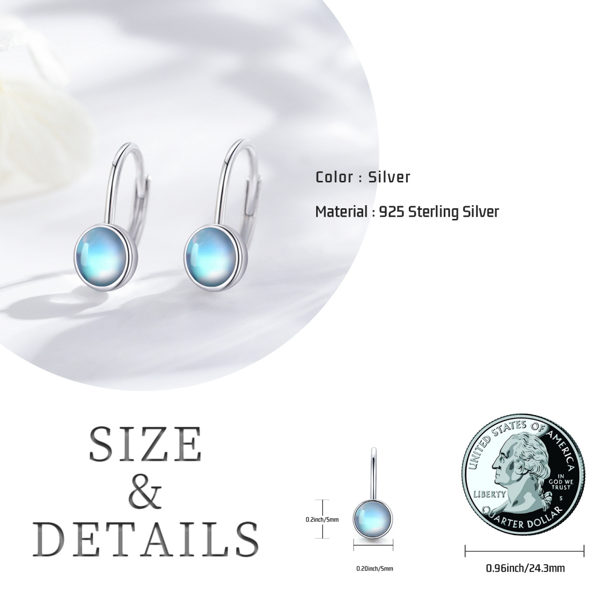 Sterling Silver Moonstone Round Lever-back Earrings-6