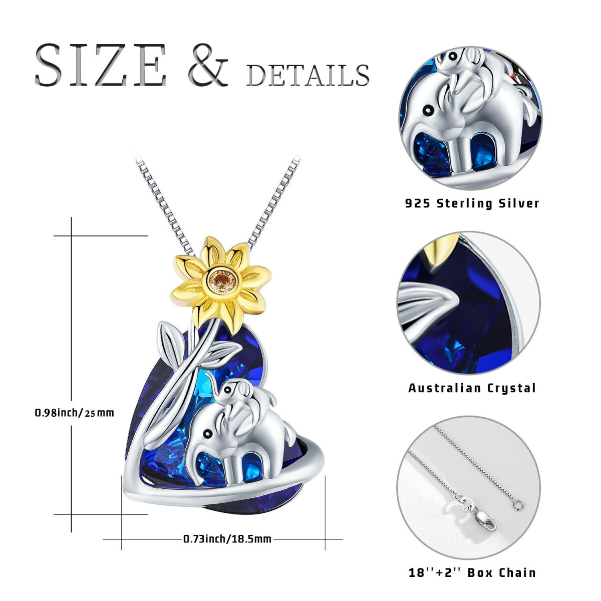 Sterling Silver Two-tone Heart Shaped Elephant & Sunflower Crystal Pendant Necklace-7