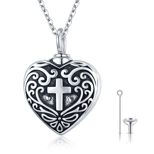 Sterling Silver Vintage Oxidized Cross & Heart Urn Necklace for Ashes-0