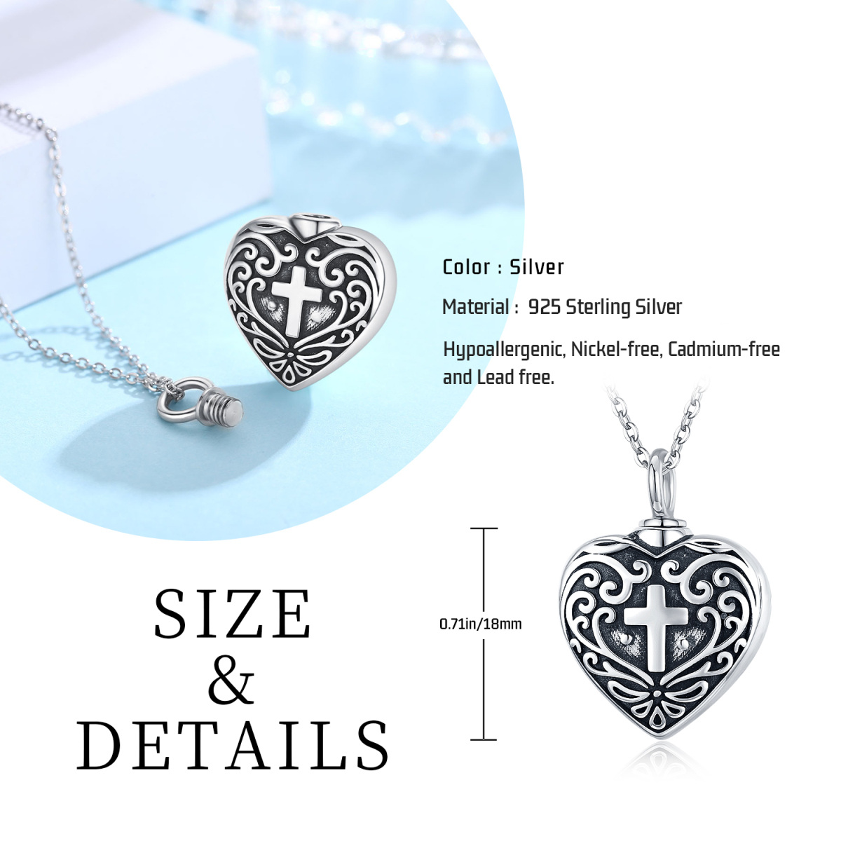 Sterling Silver Vintage Oxidized Cross & Heart Urn Necklace for Ashes-7