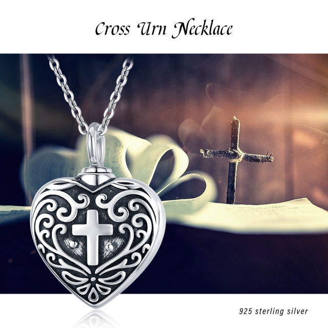 Sterling Silver Vintage Oxidized Cross & Heart Urn Necklace for Ashes-4