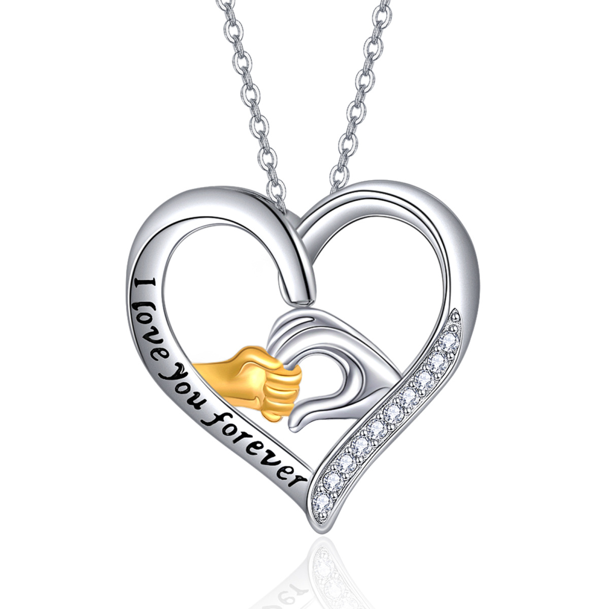 Sterling Silver Round Zircon Heart Pendant Necklace with Engraved Word-1