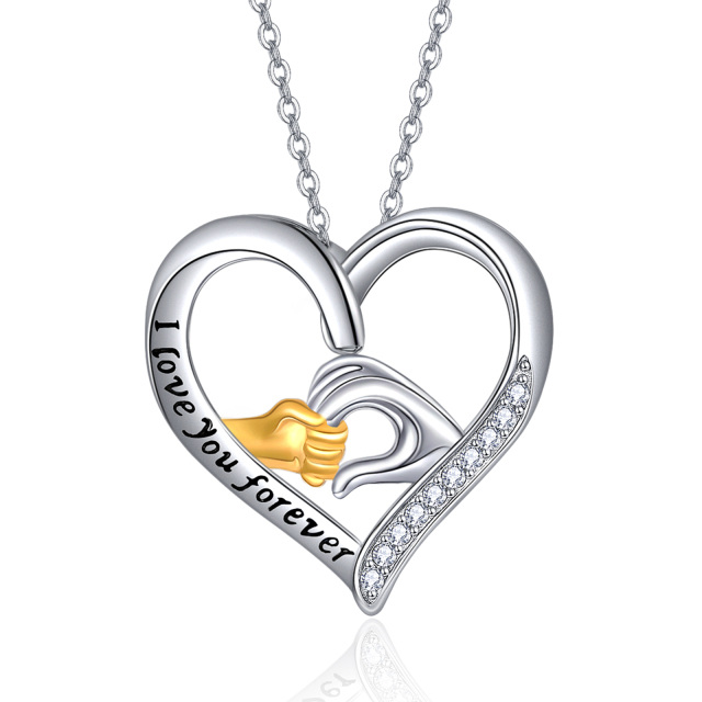 Sterling Silver Round Zircon Heart Pendant Necklace with Engraved Word-0