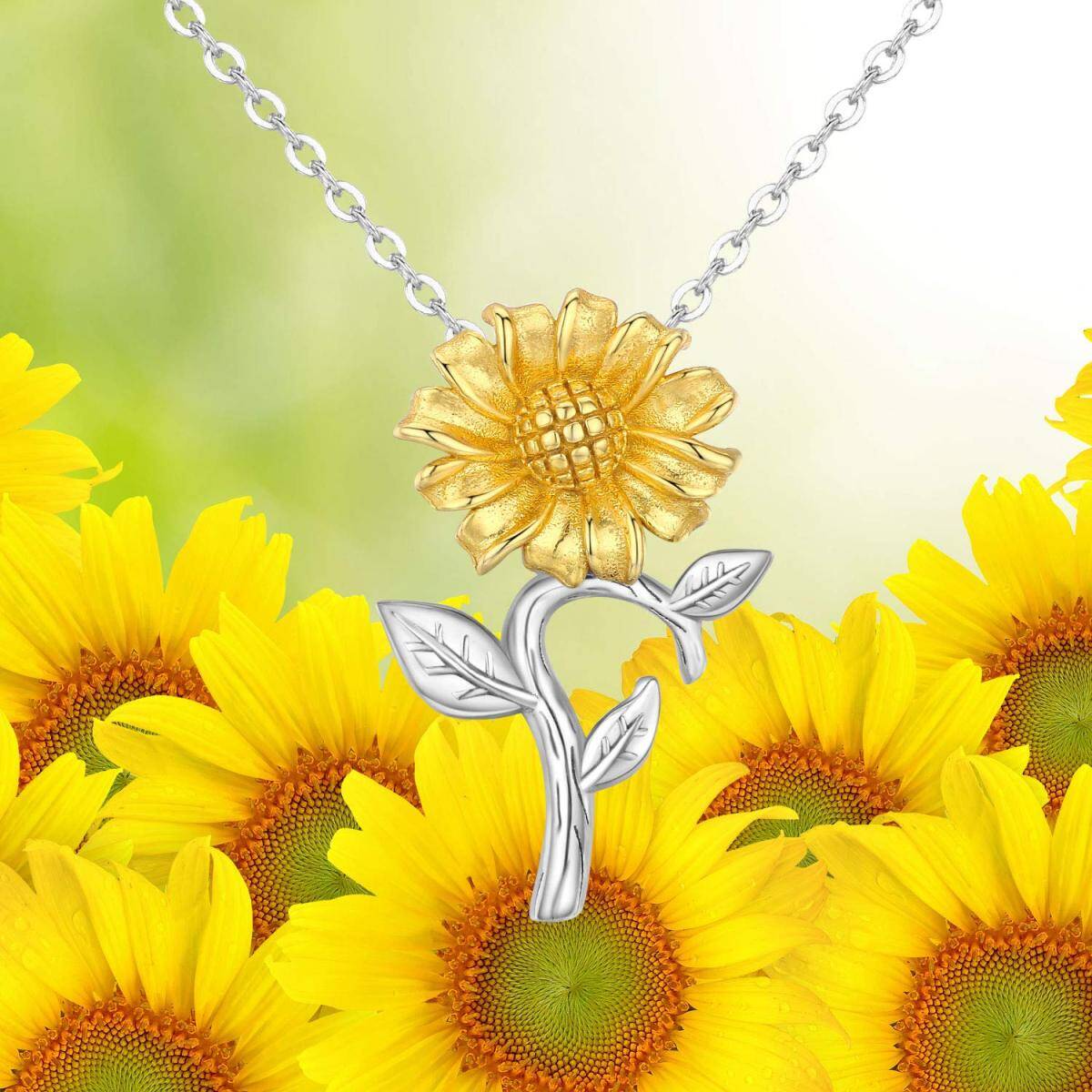 Sterling Silver Two-tone Sunflower Pendant Necklace-6