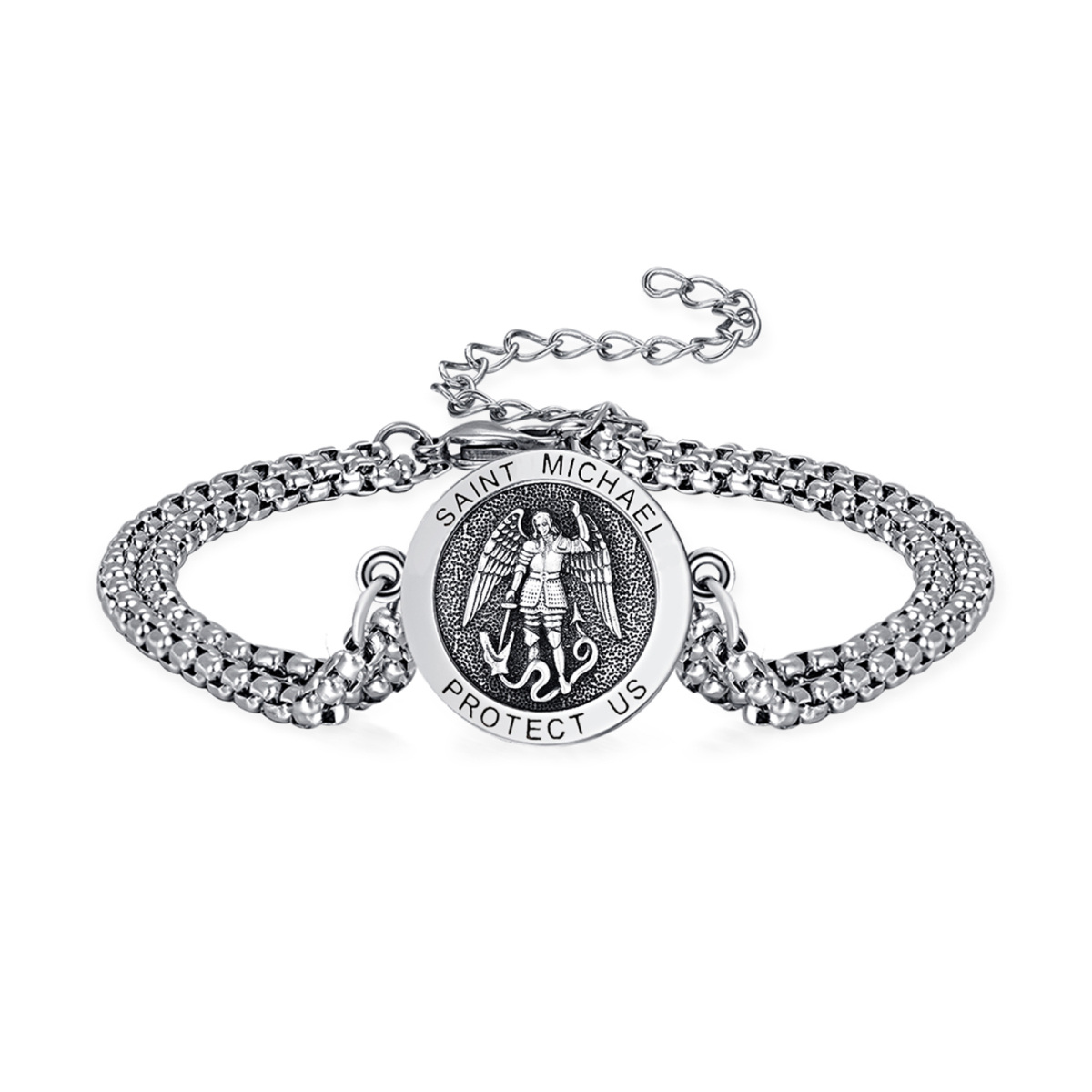 Sterling Silver Saint Michael Coin Pendant Bracelet with Engraved Word for Men-1