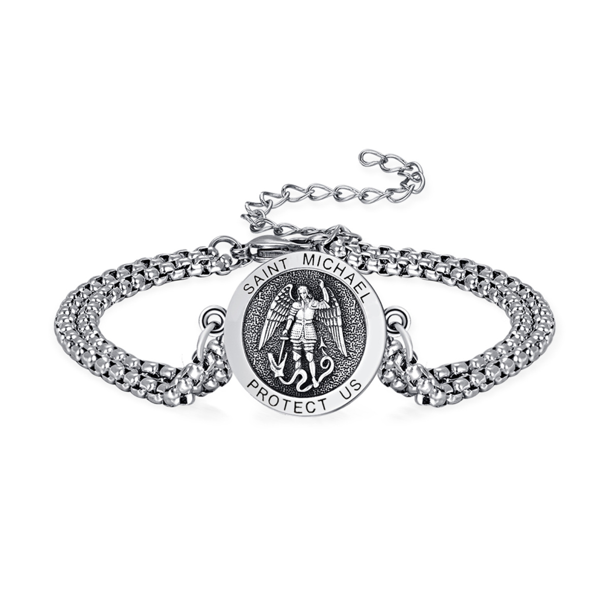 Pulsera de plata de ley con colgante de moneda de San Miguel y palabra grabada para hombre-1