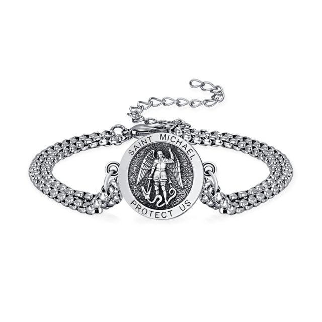 Sterling Silver Saint Michael Coin Pendant Bracelet with Engraved Word for Men-0