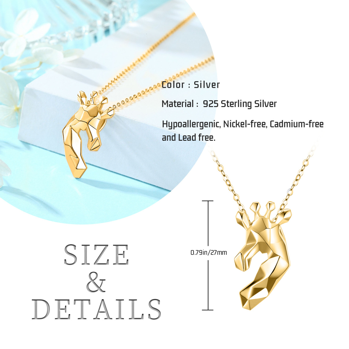 Sterling Silver with Yellow Gold Plated Origami Giraffe Pendant Necklace-6