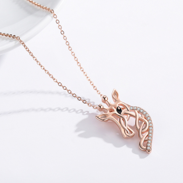 Sterling Silver with Rose Gold Plated Cubic Zirconia Giraffe & Celtic Knot Pendant Necklace-3