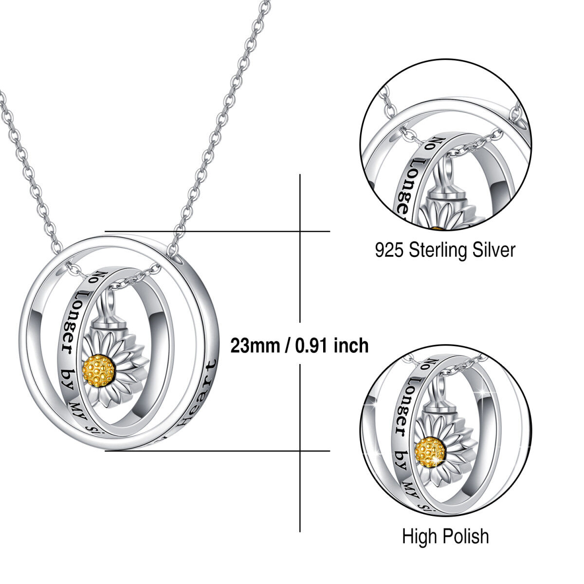 Sterling Silber zweifarbig Sonnenblume drehbaren Kreis Urne Halskette für Asche mit eingraviertem Wort-6