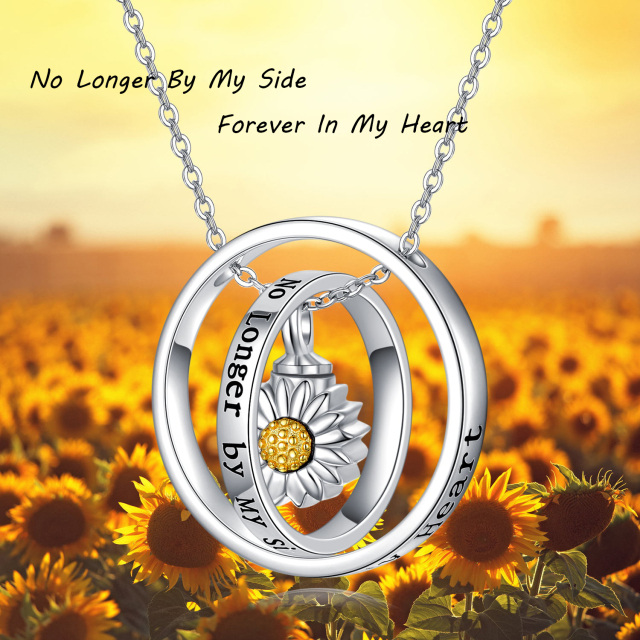 Sterling Silber zweifarbig Sonnenblume drehbaren Kreis Urne Halskette für Asche mit eingraviertem Wort-2