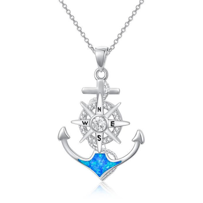 Sterling Silver Opal Anchor & Compass Pendant Necklace-1