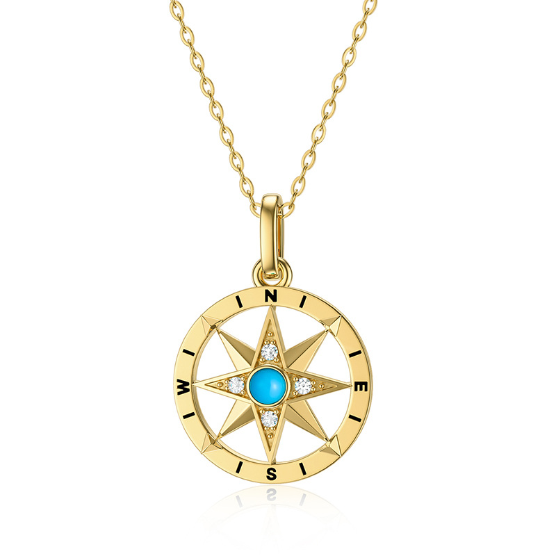 14K Gold Circular Shaped Cubic Zirconia & Turquoise Compass Pendant Necklace-1