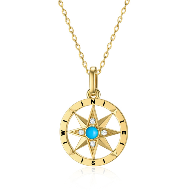 14K Gold Circular Shaped Cubic Zirconia & Turquoise Compass Pendant Necklace-0