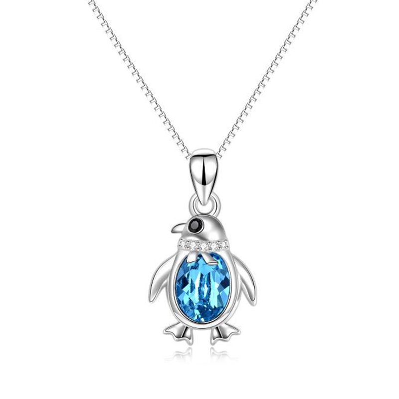 Sterling Silver Blue Crystal Penguin Pendant Necklace Gift For Girl-1