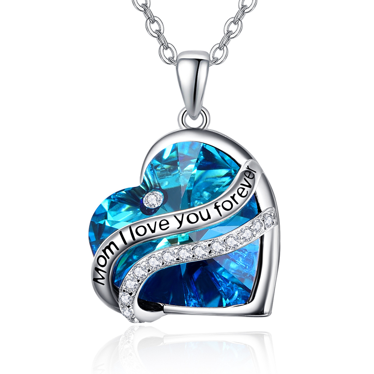 Sterling Silver Heart Blue Crystal Pendant Necklace Engraved Mom I Love You Forever-1